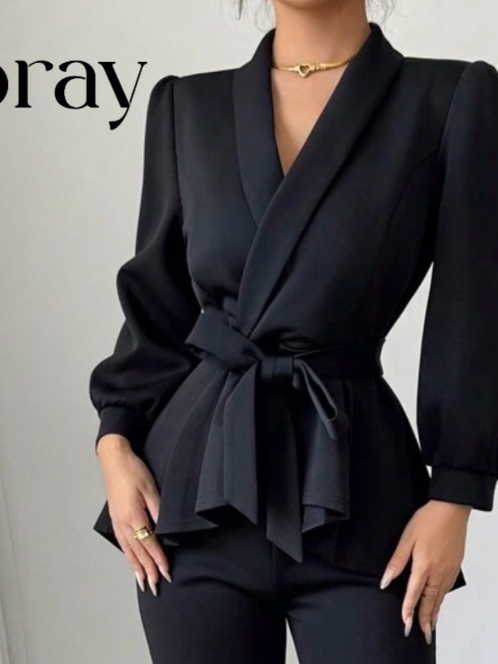 Black Wrap Peplum Blazer with Waist Tie